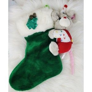 Vintage Aceview Gray Mouse Green Plush Christmas Stocking 14"